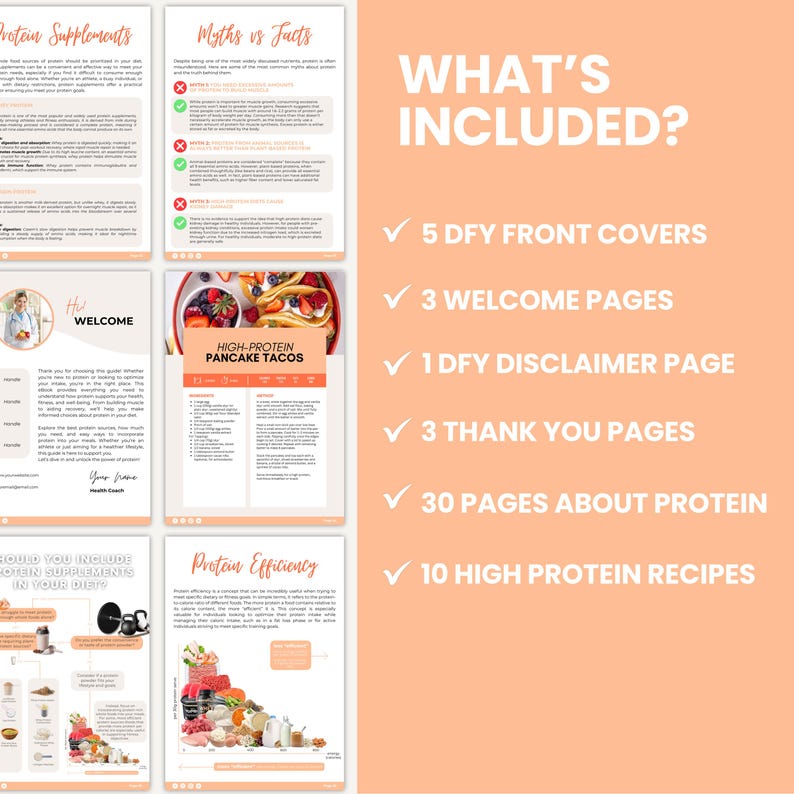 May include: A pink and white digital guide with a checklist of what's included. The checklist includes 5 DFY front covers, 3 welcome pages, 1 DFY disclaimer page, 3 thank you pages, 30 pages about protein, and 10 high protein recipes.
