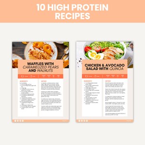 May include: Two recipe cards with images of food. The first card shows waffles with caramelized pears and walnuts. The second card shows a chicken and avocado salad with quinoa. Both recipes are labeled as high protein.