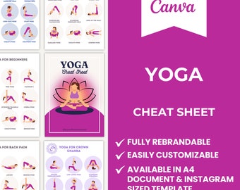 Yoga Cheat Sheet | Editable Canva Template | Yoga | Workout Routine | Mindfulness | Health Coach | Chakras | Flexibility | Wellness