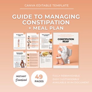 Puede incluir: Una guía digital titulada "Guía para el manejo del estreñimiento + plan de comidas" con fondo melocotón. La guía incluye páginas sobre la escala de heces de Bristol, estrategias dietéticas y alivio del estreñimiento. Descarga instantánea de 49 páginas.