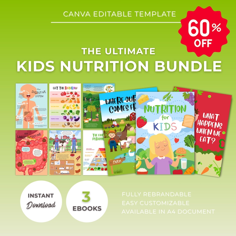The Ultimate Kids Nutrition Bundle Editable Canva Template, Children, Education, Healthy Plate, Worksheet, Kids Food Illustration image 1