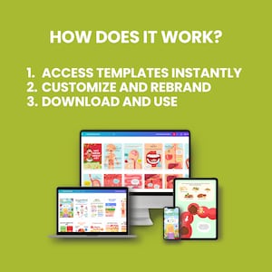 May include: Illustration of how to use digital templates. A desktop computer, laptop, and phone display colorful, illustrated educational materials for kids about nutrition. The text on the screen reads "NUTRITION FOR KIDS".