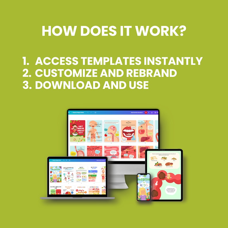 May include: Illustration of how to use digital templates. A desktop computer, laptop, and phone display colorful, illustrated educational materials for kids about nutrition. The text on the screen reads "NUTRITION FOR KIDS".