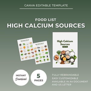 Lista de Alimentos Ricos em Cálcio: Guia Nutricional Editável (Modelo Canva)
