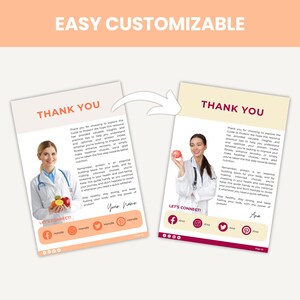 May include: Two pink and white thank you cards with a doctor holding a plate of fruit and a doctor holding an apple. The text on the cards says "Thank You" and "Let's Connect!" with social media icons. The cards are for a guide to protein.