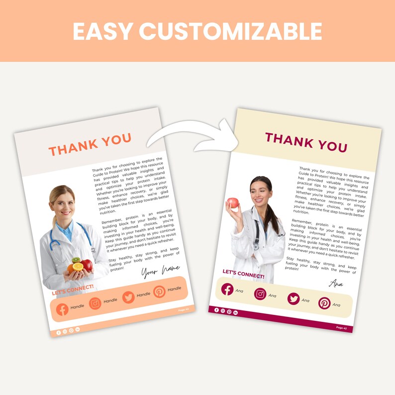 May include: Two pink and white thank you cards with a doctor holding a plate of fruit and a doctor holding an apple. The text on the cards says "Thank You" and "Let's Connect!" with social media icons. The cards are for a guide to protein.