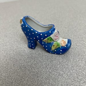 Vintage Porcelain Shoe Made In Japan, Blue with White Polks Dots, Minature 3”