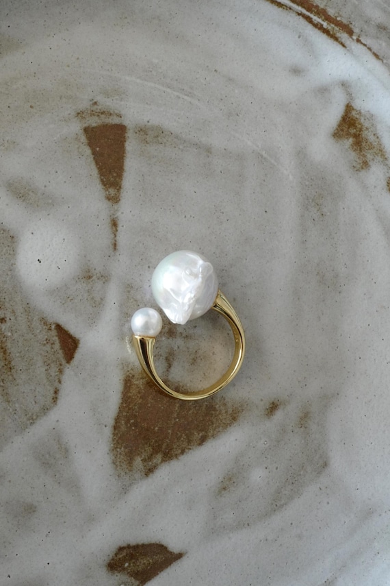 Bague ajustable avec perles baroques Argent sterling S925 et plaqué or  Déclaration sur les perles d'eau douce
