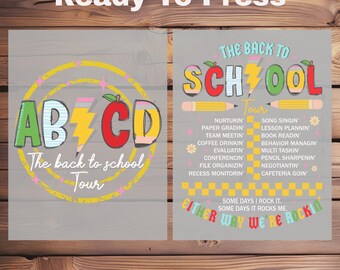 May include: Two gray DTF transfer designs with a back-to-school theme. One design features the letters AB CD with a lightning bolt and apple, and the text "The back to school Tour". The other design says "The Back to School Tour" with a list of school-related activities.