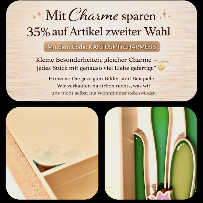 May include: An image with text in German, advertising a sale of 35% off on second-choice items. The text includes a discount code and a description of the items. The image also shows a close-up of a decorative item with green and pink colors.