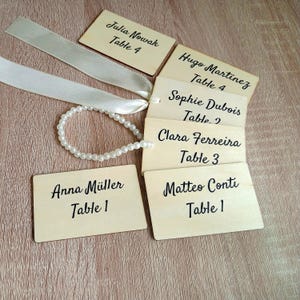 Wooden Place Cards with Custom Names & Decor, Wedding Seating Tags with Ribbon or Beads, Eco Rustic Decor, Wedding Favors, Party, Vinyl Text