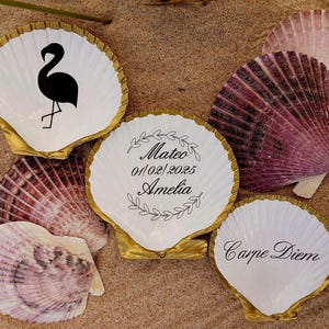 Conchiglie di capesante personalizzate con parole, frasi e disegni, regalo personalizzato, segnaposto per matrimonio, bordo oro/argento, elegante decorazione per eventi, bomboniera