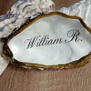 Conchiglie di ostrica personalizzate con nomi calligrafici – Uniche, personalizzate per matrimoni, decorazioni per la casa, regali, segnaposto, bordo metallico oro/argento, eventi