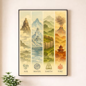 May include: A framed art print showing the four elements: air, water, earth, and fire. Each element is represented by a landscape scene with symbols and text. The artwork features mountains, water, and a volcano. The print is in a black frame.