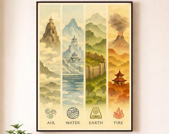 Four Elements Wall Art Print, Air Water Earth Fire Poster, Elemental Realms Landscape,  Anime Style Fantasy Wall Decor