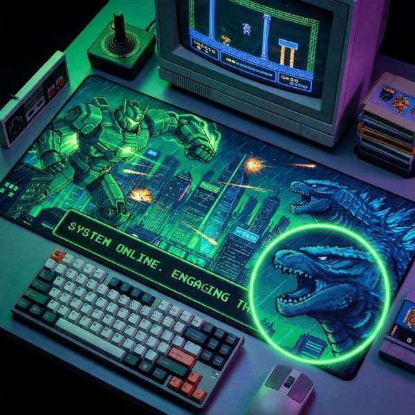 Mecha vs Kaiju Desk Mat, Pixel Art Cyberpunk Gaming XL Pad