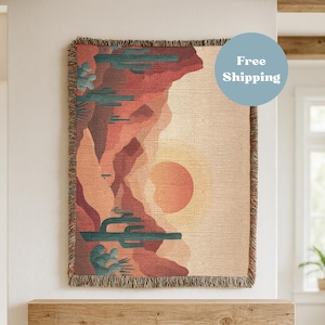 Southwestern Desert Sunset Woven Blanket – Boho Cactus Landscape Throw, Rustic Western Home Decor, Cozy Bohemian Tapestry Blanket