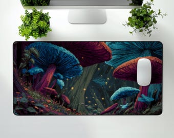 Glow Mushroom Desk Mat: Pixel Art Neon Forest XL Mousepad