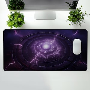 May include: A rectangular mouse pad featuring a dark purple, circular design with a glowing center and lightning-like patterns. A white computer mouse is positioned on the right side of the pad. The pad is on a white desk with small green plants.