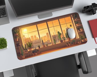 Anime City View Desk Mat – Windowsill Plants, Urban