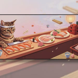 Alfombrilla de escritorio con diseño de gato chef de sushi / Estética Omakase japonesa para amantes de la comida / Alfombrilla de ratón grande para juegos con temática de anime kawaii
