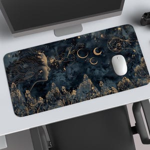 Celestial Witchy Desk Mat - Moon Phases Astrology Gaming Mouse Pad, Gold and Blue Dark Academia Desk Pad, XL Desk Accessory
