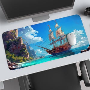 Fantasy Piratenschiff Schreibtischmatte - Nautische Gaming Schreibtischunterlage, süße Spielmatte für Gamer, Piraten Maus Unterlage, große Schreibtischmatte, Krabbeldecke