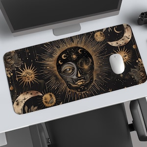 Celestial Desk Mat - Moon Phases Astrology Gaming Mouse Pad, Dark Academia Aesthetic, Boho Gold and Blue Art, XL Desk Accessory