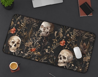 Tapete de escritorio con calavera floral – Decoración de oficina estilo cottagecore oscuro