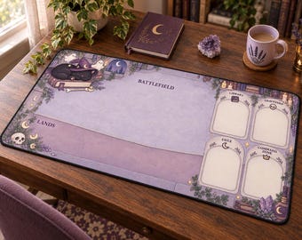 May include: A rectangular gaming playmat featuring a light purple stone-textured surface with designated zones labeled Battlefield, Lands, Library, Graveyard, Exile, and Command Zone. The mat is decorated with illustrations of a black cat in a witch hat, ghosts, skulls, and crescent moons.