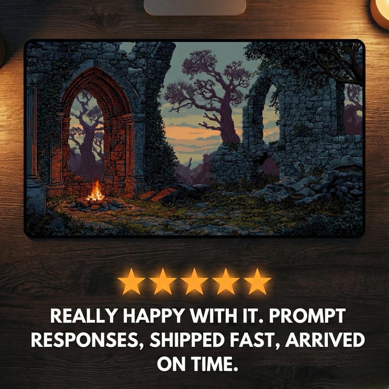 Gothic Ruins Gaming Desk Mat: Pixel Art Castle - Dark Academia Decor image 6