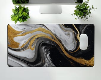 Black and Gold Marble Desk Mat, Abstract Home Office Decor