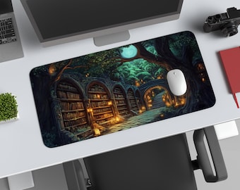 May include: A rectangular mousepad featuring a fantasy illustration of a library with arched doorways, bookshelves, and a stone pathway. The scene is illuminated by warm, glowing lanterns and a full moon. The mousepad is on a white desk.