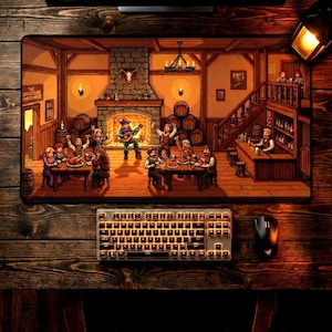 Mittelalterliches Wirtshaus Pixel Art Schreibtischmatte, D&D Gaming Mousepad