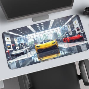 Könnte beinhalten: Rechteckige Schreibtischunterlage mit einer Autohaus-Darstellung mit drei Sportwagen: silber, gelb und rot. Die Unterlage liegt auf einem weißen Schreibtisch mit einem Laptop, einer Kamera, einem roten Notizbuch und einer kleinen Pflanze.