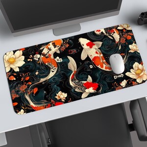 Koi Fish Desk Mat - Artisan Blue Waters Mouse Pad, Japanese Koi & Flowers, Lily Pads and Swirls, XL Gaming Accessory