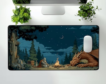 May include: A rectangular mouse mat with a pixelated fantasy scene. A knight sits by a campfire with a dragon, under a starry night sky. The colour palette includes blues, greens, and browns. A white computer mouse is on the right.