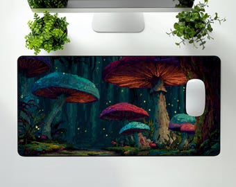 Glow Mushroom Desk Mat: Pixel Art Fairy Forest, Neon Gamer Decor