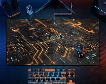 Cyberpunk Circuit Desk Mat, Glowing Sci-Fi Tech Desk Pad
