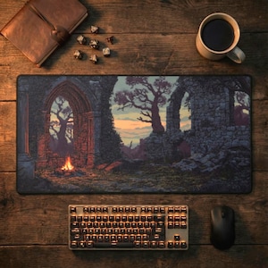 Gothic Ruins Gaming Desk Mat: Pixel Art Castle - Dark Academia Decor image 2