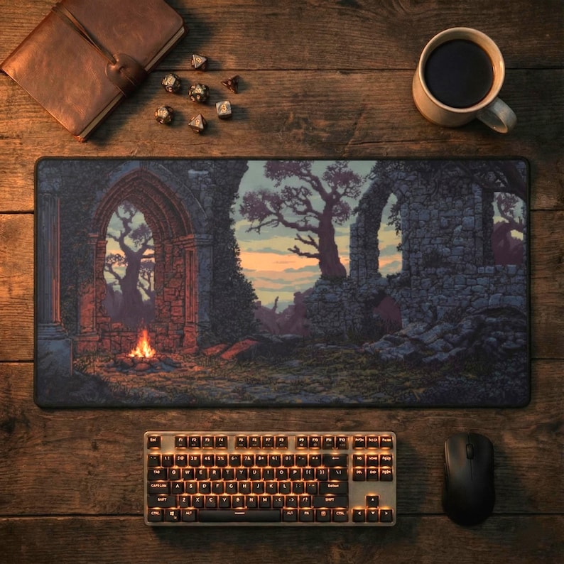 Gothic Ruins Gaming Desk Mat: Pixel Art Castle - Dark Academia Decor image 2