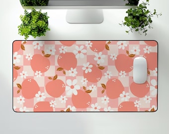 Retro Peach Desk Mat – Checkered Floral Computer Accessory