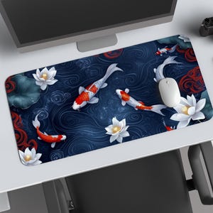Vibrant Koi Fish Desk Mat - Japanese Koi & Flower Desk Pad, Artisan Blue Waters Mouse Pad, Lily Pads and Swirls, XL Gaming Mat