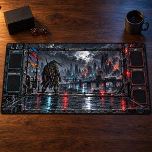 May include: A rectangular gaming playmat featuring a dark, rainy cityscape with a turtle warrior standing in the foreground. The mat includes labeled zones for Library, Command Zone, Battlefield, Lands, Life, Graveyard, and Exile in a black border.