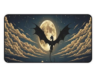 ドラゴンデスクマット｜ダークファンタジーゴシックデスクパッド｜天体の月の満ち欠け、神秘的なデスクマット、ダークアカデミア、中世の城ゲーミングXL