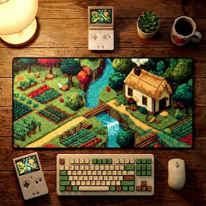 Pixel Art Schreibtischmatte, gemütliches Stardew Valley Style Farm, 16-Bit Gaming Mauspad