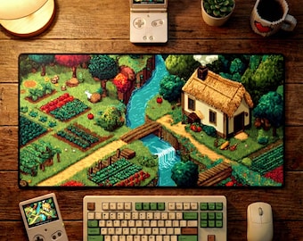 Pixel Art Desk Mat, Cozy Stardew Valley Style Farm, 16-Bit Gaming Mousepad