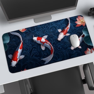Vibrant Koi Fish Desk Mat - Artisan Blue Waters Mouse Pad, Japanese Koi and Flowers, Lily Pads and Swirls, XL Gaming Desk Mat