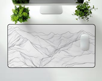 Minimalist Topographic Desk Mat, Abstract Line Art, Large Mousepad