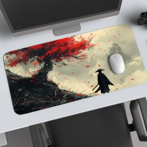 Samurai-Inspired Desk Mat – Japanese Red Mountain Scenery Mousepad, Anime Gaming Desk Pad, Large Mousepad, Epic Samurai Desk Decor